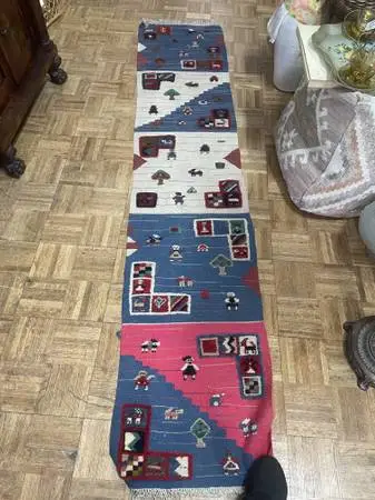 Antique Indian pictorial rug runner 8 feet long by 20 inches