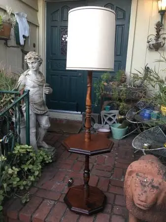 Cool 1960s solid wood Table/Lamp orig shade/works perfectly