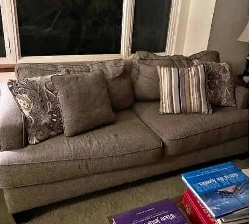 Neutral Brown Fabric Sofa and Loveseat.