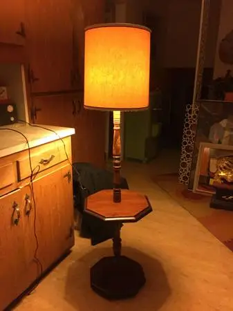 1960s Cool solid wood Table/Lamp orig shade! Works perfectly