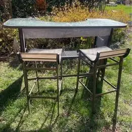 Cast steel and glass top patio bar with two chairs