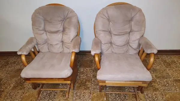 2 Bent Oak Wood Glider Chairs w/ Taupe Memory Foam Remove Cushions ea.