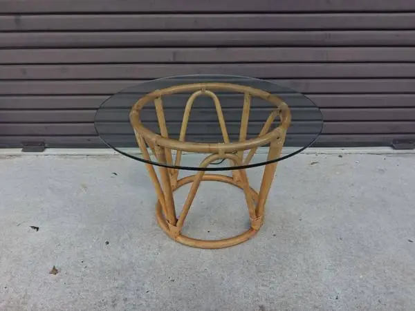 Coastal Palm Beach Chic Style Bamboo Rattan Side Table Glass Top.