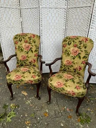 Pair of Vintage mahogany framed floral arm chairs