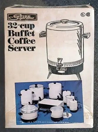 VINTAGE 70s 32 CUP BUFFET COFFEE SERVER LIKE NEW IN BOX.