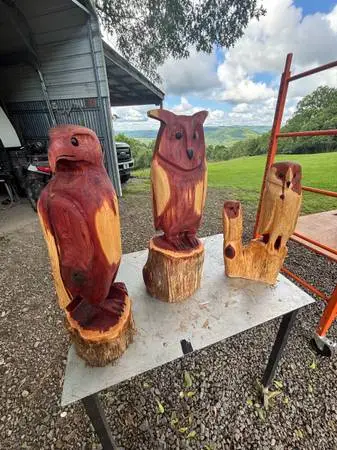 Eagle and owls cedar carvings