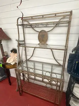 Vintage Tropical Glam Metal & Glass Bakers Rack / Home Bar Console