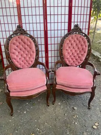 Pair of Vintage antique French Victorian rococo pink tufted rosewood a