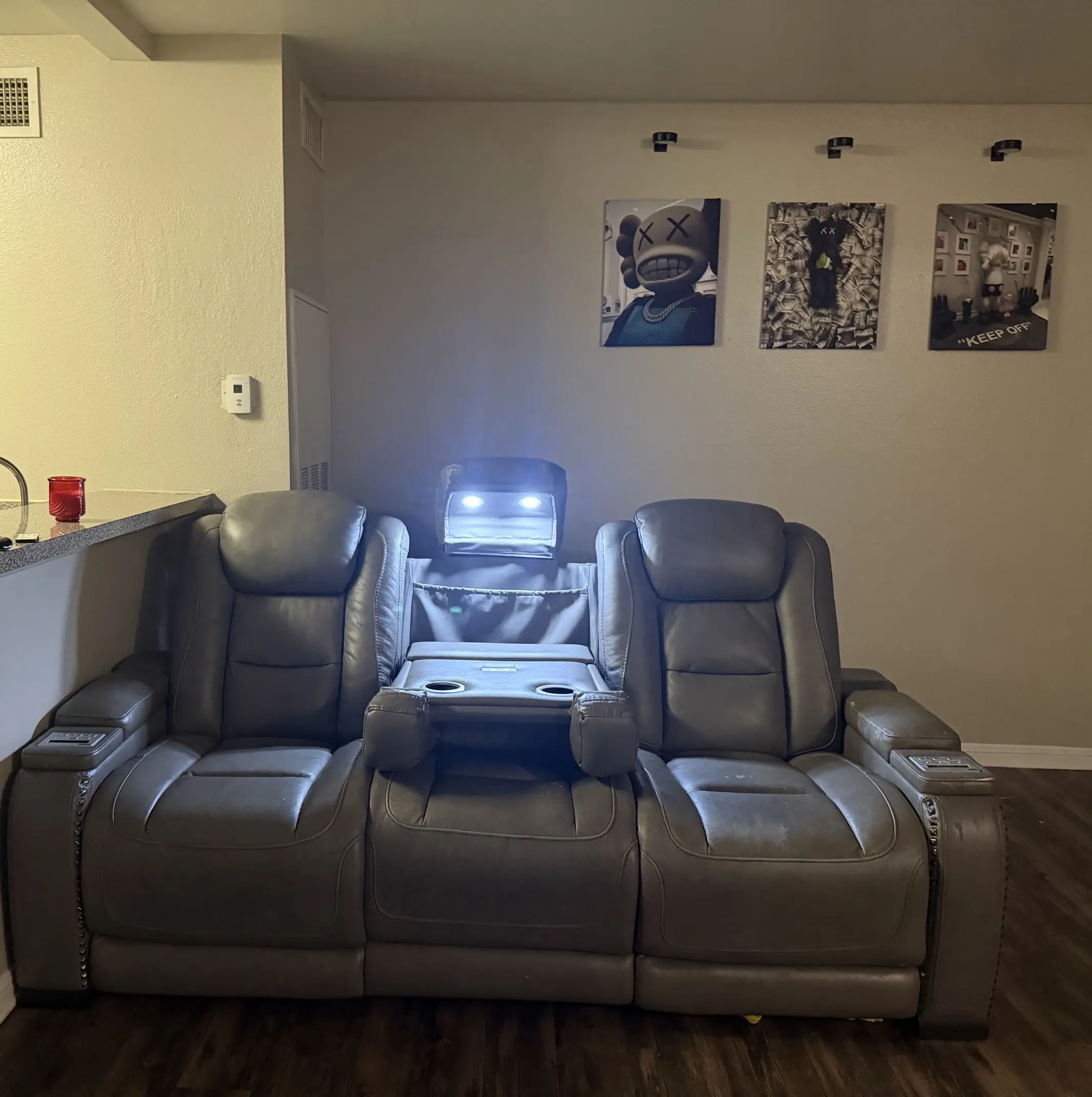 Seatcraft Omega Sofa w/Fold-Down Table, Power Headrest, Power Recliner, Leather Gel,