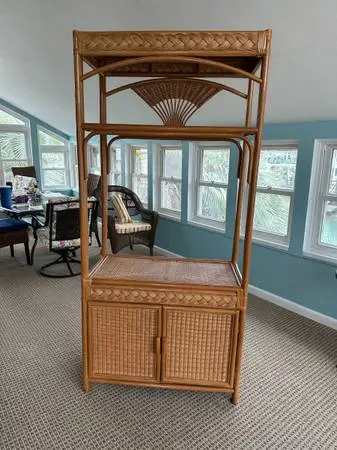 Vintage boho rattan and wicker entertainment center / hutch
