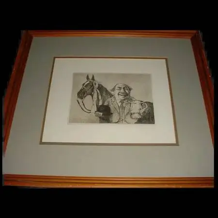 OLD ORIGINAL SIGNED CHARLES BRAGG MODERN ART ETCHING RACE HORSE OWNER