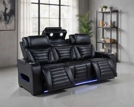 **New Dual Power Sofa in Black Faux Leather with LED Lights*
