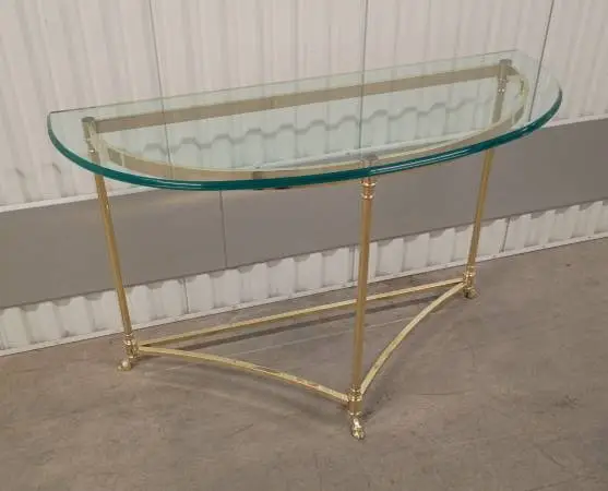 Vintage LaBarge Demi-Lune Brass & Glass Table w Hooved Feet