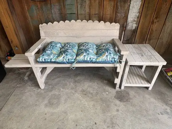 OUTDOOR solid wood bench with side tables