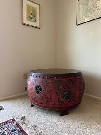 Rare Asian Style Red Coromandel Drum Coffee/Side Table and 4 Seats VG