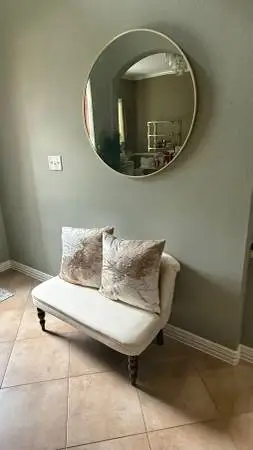 New Beige Bench, Decorative Pillows and Large Gold Mirror $500 OBO