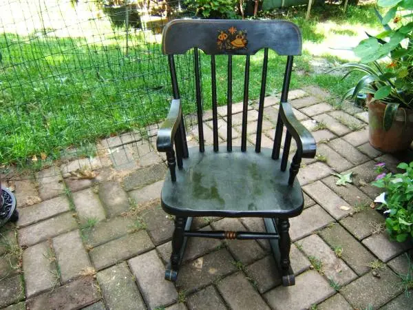 Vintage Childrens Rocking Chair, Black Wooden Folk Art Rocker |