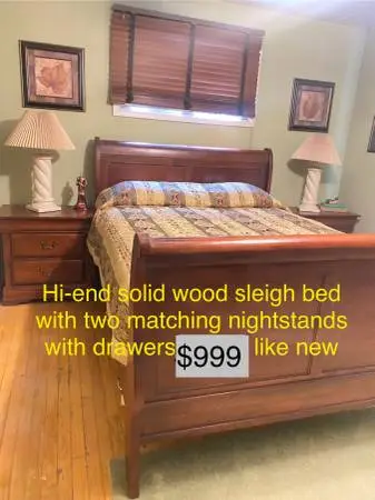 Queen bedroom set Solid mahogany BED w matching nightstands and more…