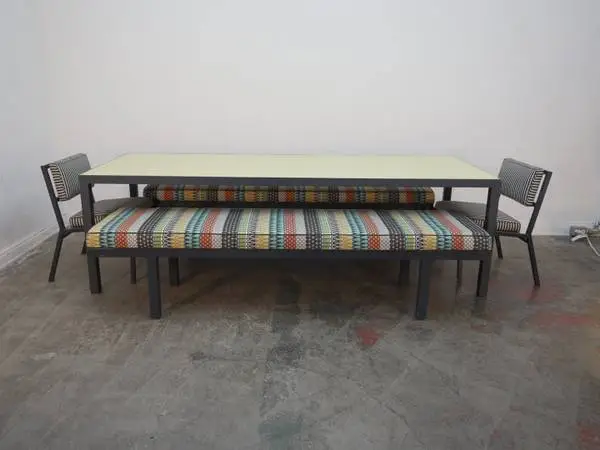 5-Pc Mid Century Dinning Set Mosaic Tile Table, Benches & Chairs $3,49