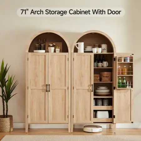 Set of 2pcs 71 Inch Tall Arched Cabinet, Kitchen Pantry Cabinet With Doors & She