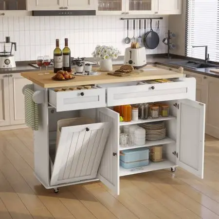 60.2W Kitchen Island with Two Large Storage Cabinets And Drawers, Locking Wheel