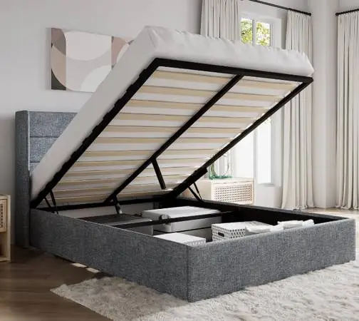 Sha Cerlin Queen Size Lift Up Storage Bed Wingback Bed Frame Grey Blue