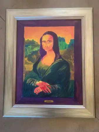 Oil On Canvas Mona Lisa Tongue-In-Cheek Painting Framed