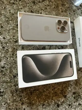 Iphone 15 pro 128gb natural titanuim unlocked 100 percentage battery with box an