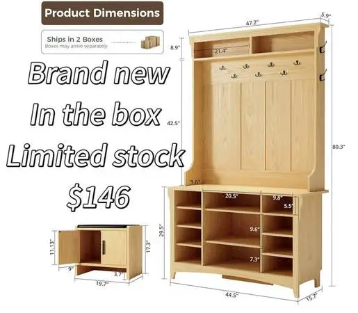 IRONCK 80 H 47 W Large Hall Tree with Bench and Shoe Storage