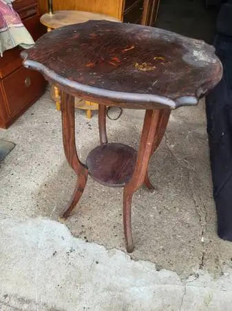 Antique Quartersawn Tiered Parlor Table with scalloped edges, solid wo