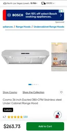 Cosmo 36 inch Ducted 380-CFM Stainless steel Under Cabinet Range Hood