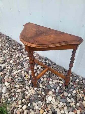Antique demi-lune / half-moon wood table spindle legs scallop edge