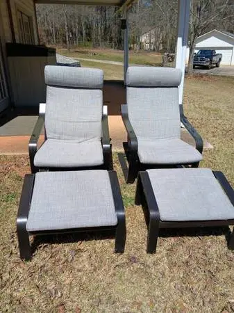 Pair of POÄNG Armchairs with ottomans