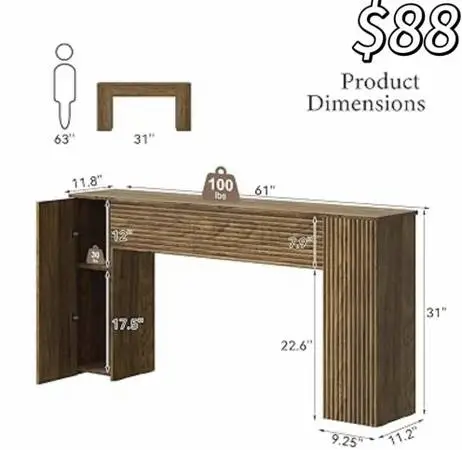 FABATO 61 Fluted Long Console Table, Wooden Rectangular Sofa Table