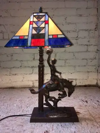 Tiffany Style Stained Glass Cowboy/Bronco Table Lamp