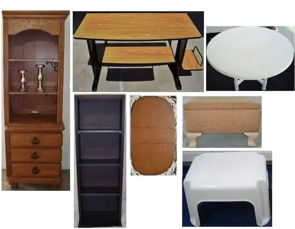 Computer & patio tables; hutch; tower; table pad; step stools