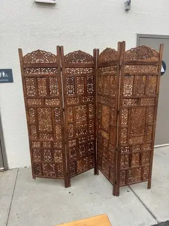 Vintage Hand Carved Wood Ornate Screen Room 4 Panel Divider Mughal-rev
