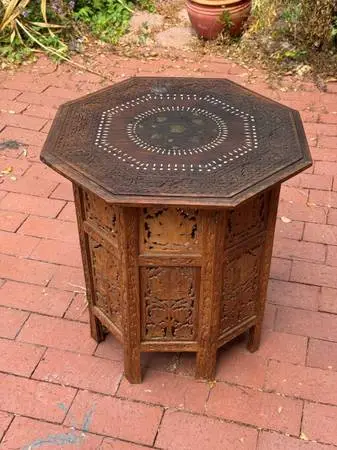 vintage Indian octagonal side end table wood hand carved