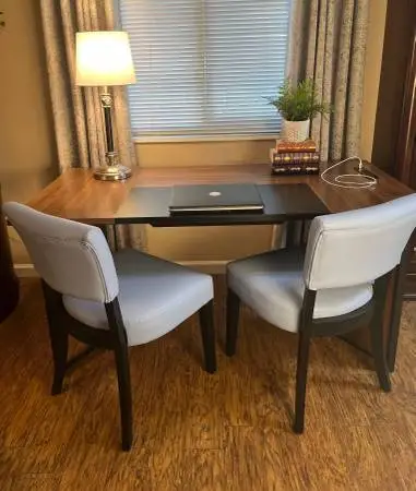 Modern Desk with USB Port and two NEW Blue Chairs-PRICE REDUCED!
