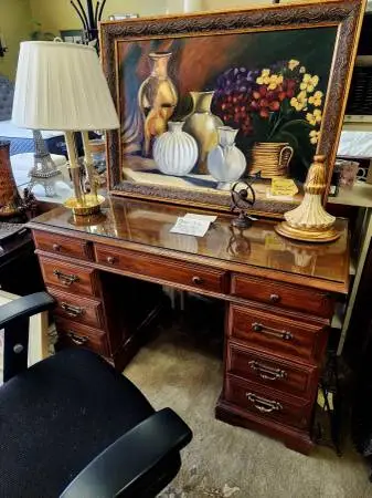 Drexel? Double Pedestal Walnut Desk with Glass Top-49W x 22D-NOW