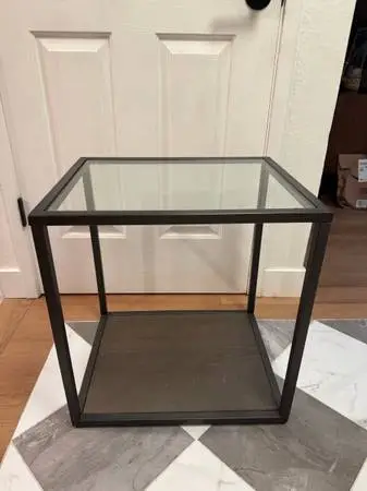 Crate and Barrel wood and glass side table