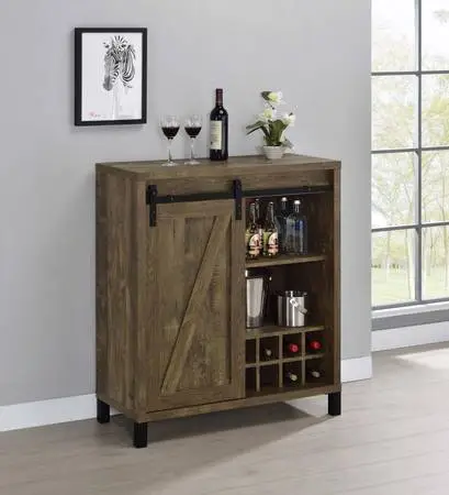 *Home Bar Wine Cabinet in Rustic Oak Finish and Sliding Door*