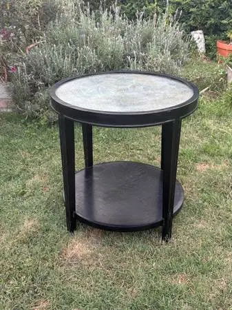 Vintage Round Black Deco Wood Noir Accent Table Antiqued Mirror Top