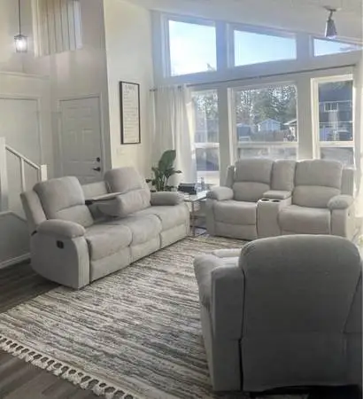 COSTCO Gray chenille fully reclining three piece couch set