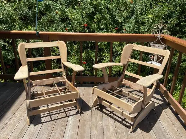 2 Vintage Cushman Style Platform Rocking Chairs Paddle Arms $55each