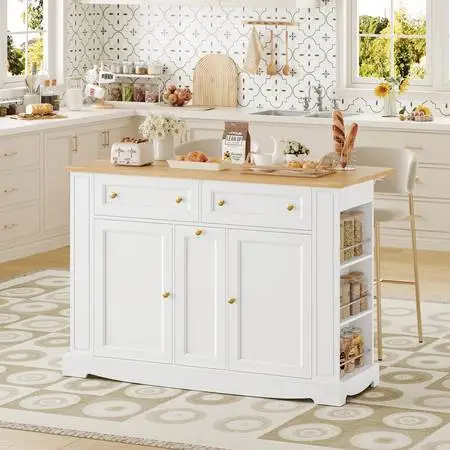 NEW 47.2w Kitchen Island Cart With Solid Wood Top