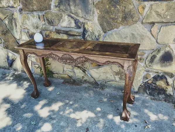 Smoke Glass Narrow Pecan Ball and Claw Console Table Intricate Late 20th Century