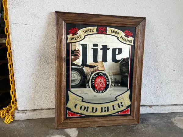 Vintage Lite Miller Wood Framed Bar Sign Mirror