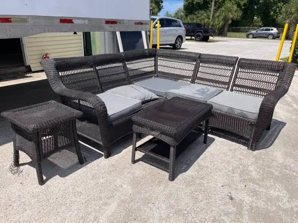7 Piece Black Wicker L-Shaped Couch 2 Matching Tables Used Good Cond