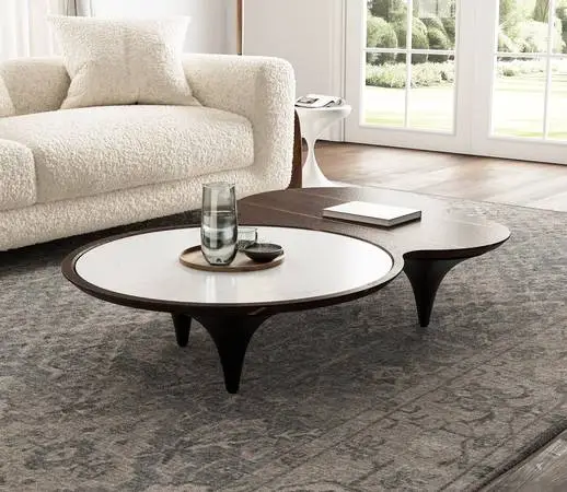 Modern Walnut & Stone Coffee Table Contemporary Designer Style